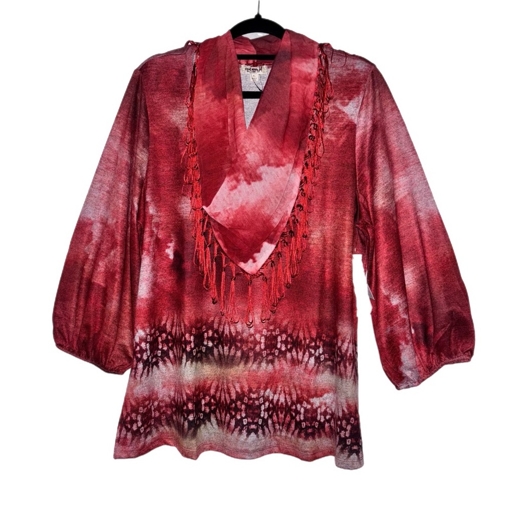 NWT SIZE XL ONE WORLD Crimson and Ivory Tie-Dye Blouse